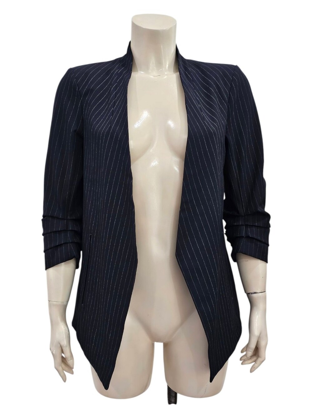 RACHEL ZOE Women Navy Pinstripe Open Ruched Sleeves Blazer Jacket S